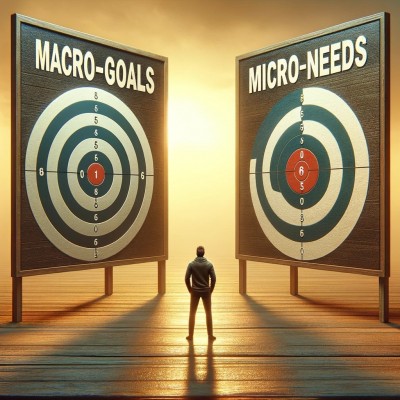 AI Prompt : A person standing between two target boards - Written macro-goals on one and micro-needs on the other.