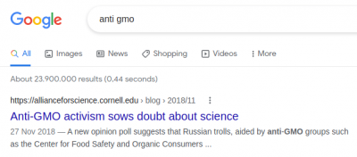 &quot;anti-gmo&quot; in Google: first result a lament of science