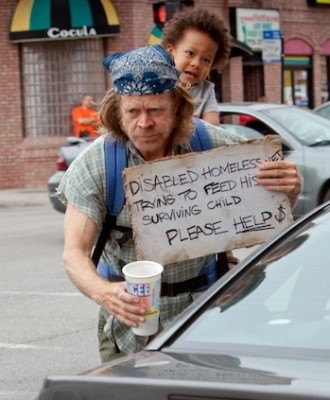 Scene from the TV show, Shameless (USA Version), in which Frank Gallagher runs one of his many scams to fund his alcoholism.